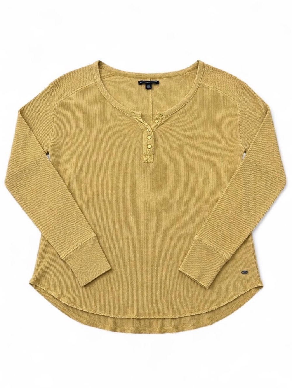American Eagle Women’s XS Mustard Yellow Waffle Knit Henley Long Sleeve Top